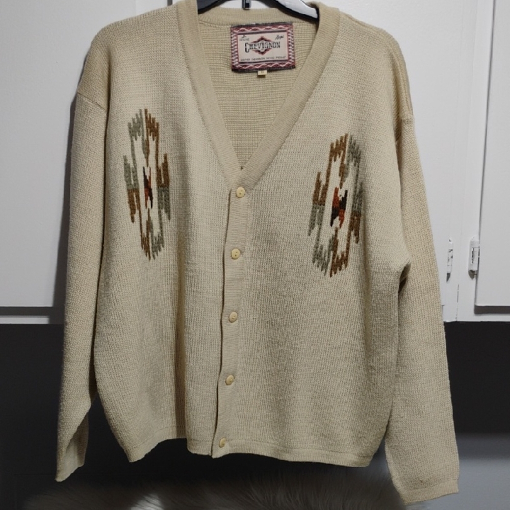 SALE! Chevignon Beige Vintage Cardigan W Embroidered Hopi Navajo Pattern (A-71)